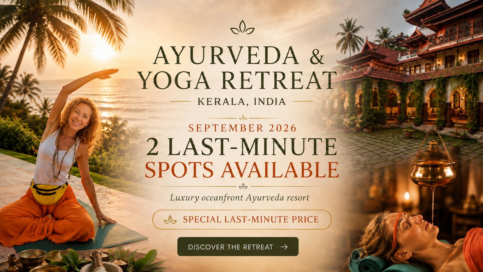 Ayurveda & Yoga Retreat, Kerala, India — September 2026. Two last-minute spots available at a luxury oceanfront Ayurveda resort, at a special last-minute price. Discover the retreat.